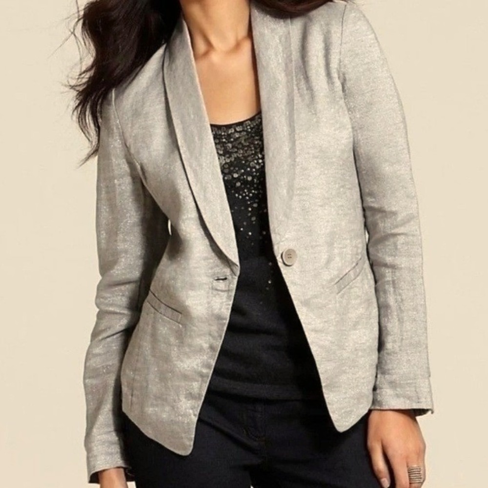 Eileen Fisher Women 2X Silver Metallic Linen Blend Shawl Collar Blazer lagenlook